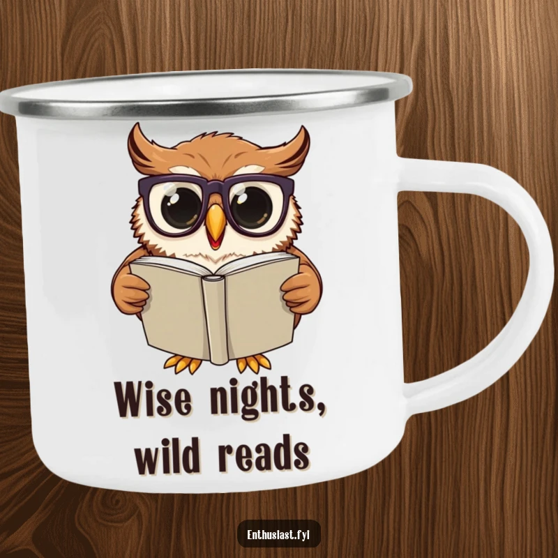 Funny Camping Mug: Excited owl wearing oversized glasses, engrossed in reading a large book, ideal for enjoying hot drinks outdoors.