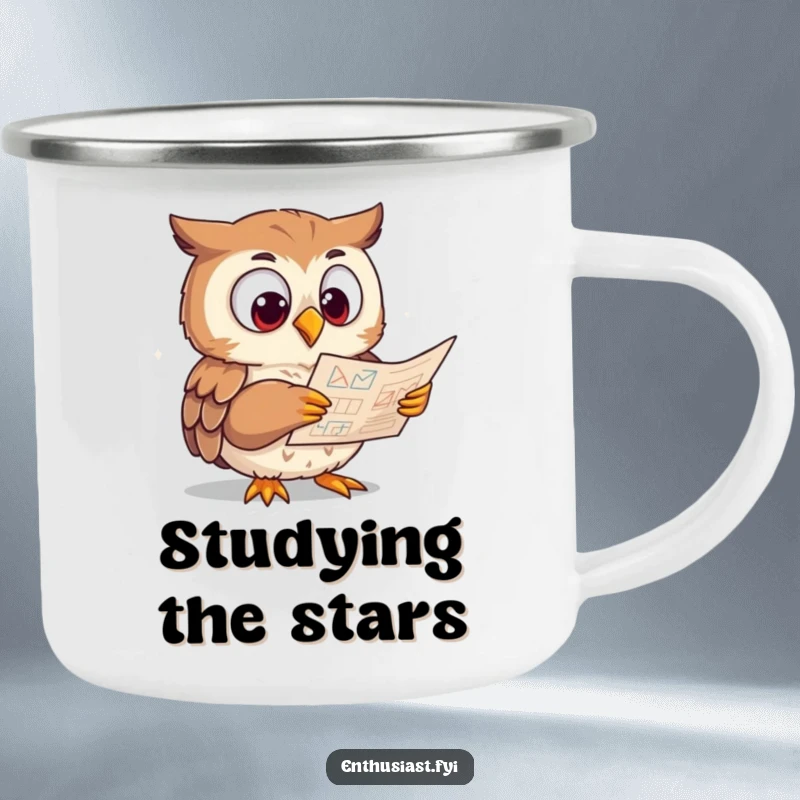Funny Camping Mug showing an eager owl intently studying a complex diagram with wide eyes, a humorous outdoor companion.