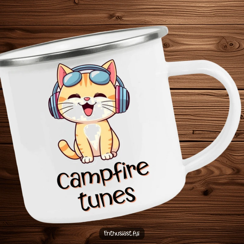 Funny Camping Mug: Cheerful cat wearing oversized headphones, bobbing head to music, perfect for outdoor jams.