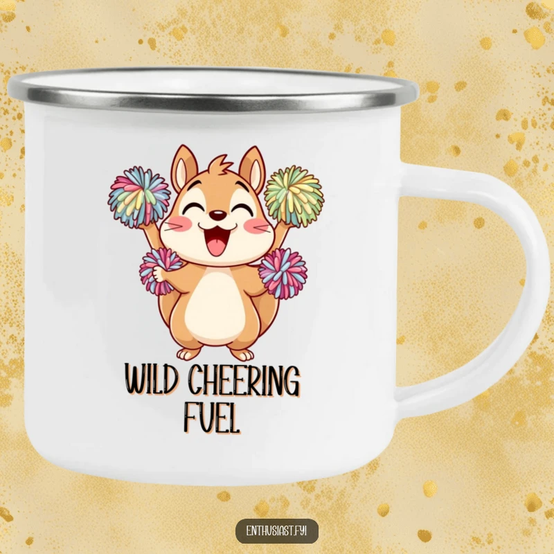 Funny Camping Mug: A squirrel character cheering loudly with pom-poms, ideal for enjoying drinks during outdoor sporting events.