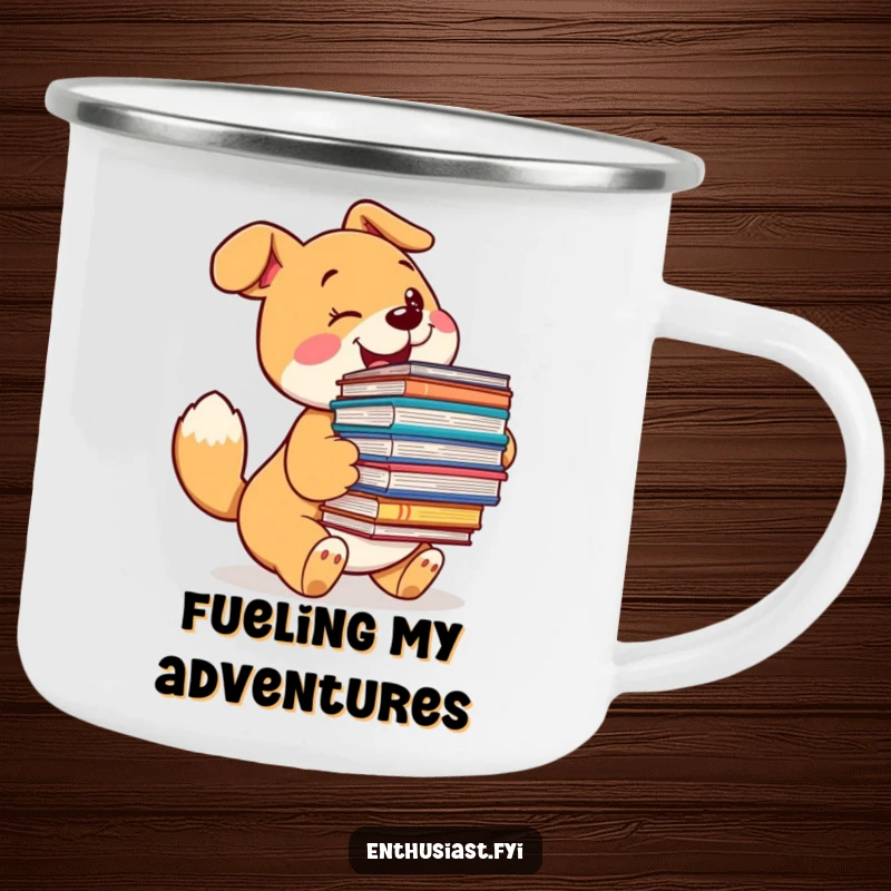 Funny dog camping mug featuring a joyful dog with a wagging tail, holding books, perfect for outdoor reading adventures.