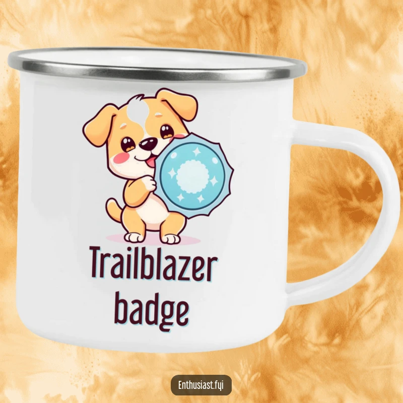 Funny camping mug with a happy dog character holding a large, sparkling badge, ideal for outdoor celebrations.
