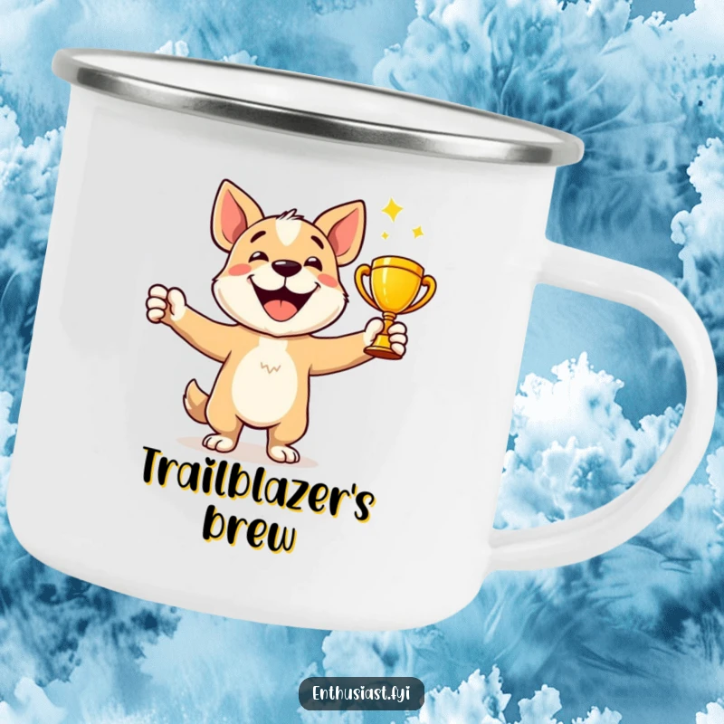 Funny Camping Mug: Happy dog character celebrates holding a shiny trophy, perfect for outdoor victories.
