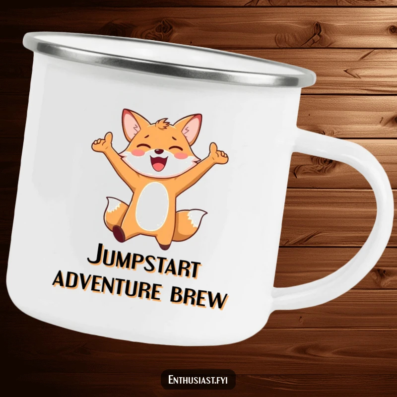 Funny Camping Mug: An enthusiastic fox character jumping for joy with arms outstretched, ideal for enjoying drinks in nature.