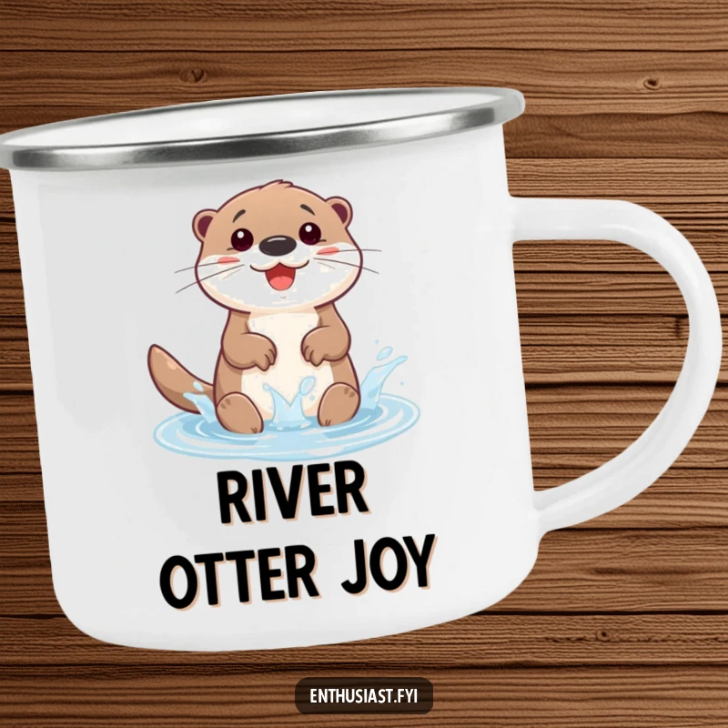 Funny camping mug with a happy otter character gleefully splashing in a tiny, sparkling puddle. Durable and fun.