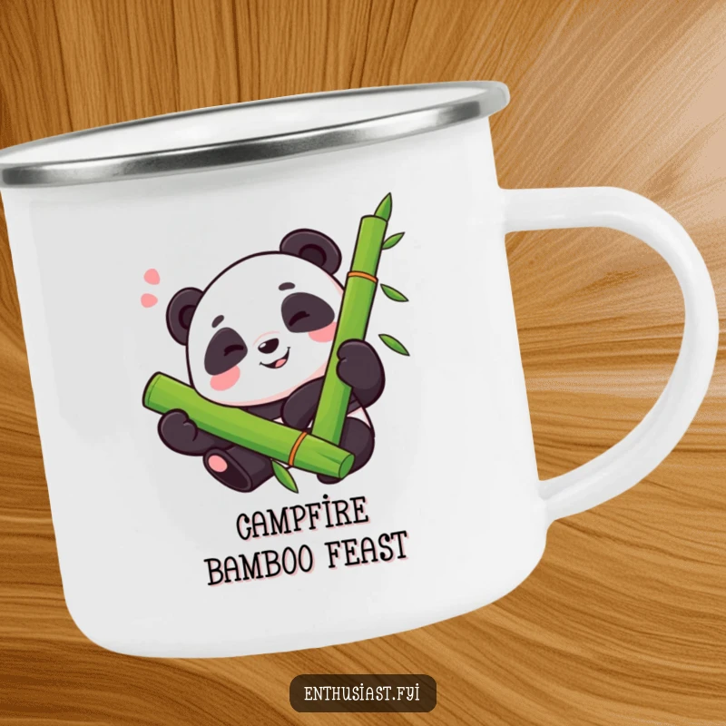 Funny camping mug with a proud panda, happy sigh, enthusiastically hugging a large bamboo stalk, perfect for outdoor lovers.
