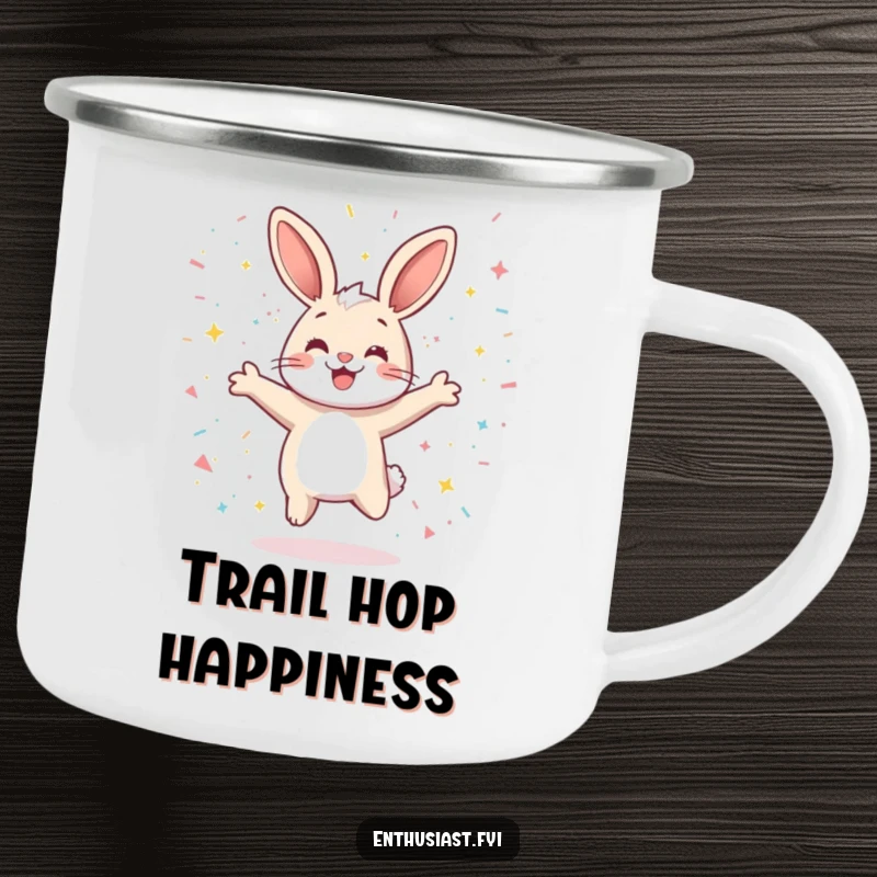 Funny camping mug showing a playful rabbit character jumping joyfully, surrounded by sparkling confetti, perfect for outdoor fun.