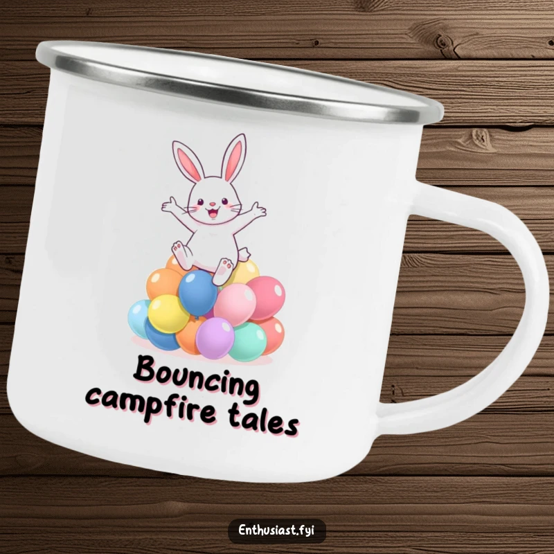 Funny camping mug showing a rabbit leaping over colorful balloons, perfect for outdoor celebration enjoyment.
