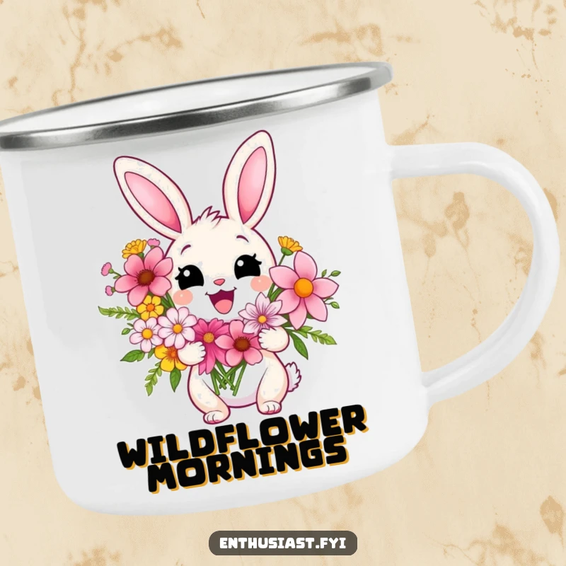 Funny camping mug with a delighted rabbit holding a vibrant bouquet of flowers, perfect for enjoying drinks outdoors with a touch of floral cheer.