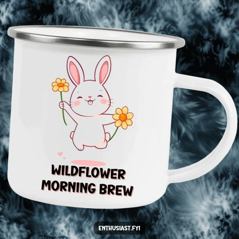 Funny rabbit character joyfully jumping for a flower, a durable and humorous camping mug for outdoor enthusiasts.