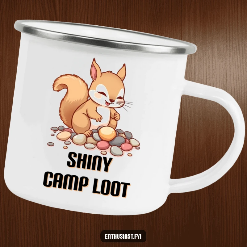 Funny squirrel camping mug, showing an eager squirrel enthusiastically collecting shiny pebbles. Durable and humorous outdoor gift.