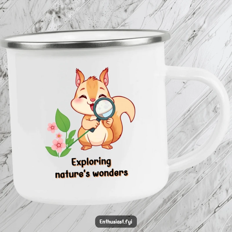 Funny squirrel camping mug, featuring a squirrel with a magnifying glass observing a flower, perfect for outdoor humor.
