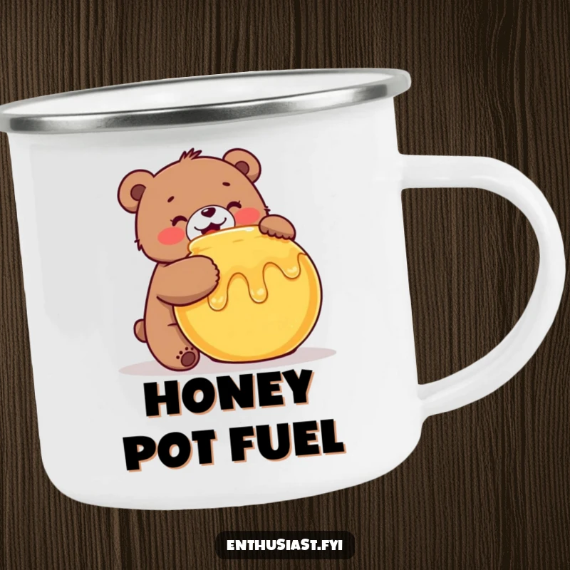Funny Bear Camping Mug: An enthusiastic bear hugs a honey pot, perfect for enjoying drinks on sweet adventures, a great funny gift.