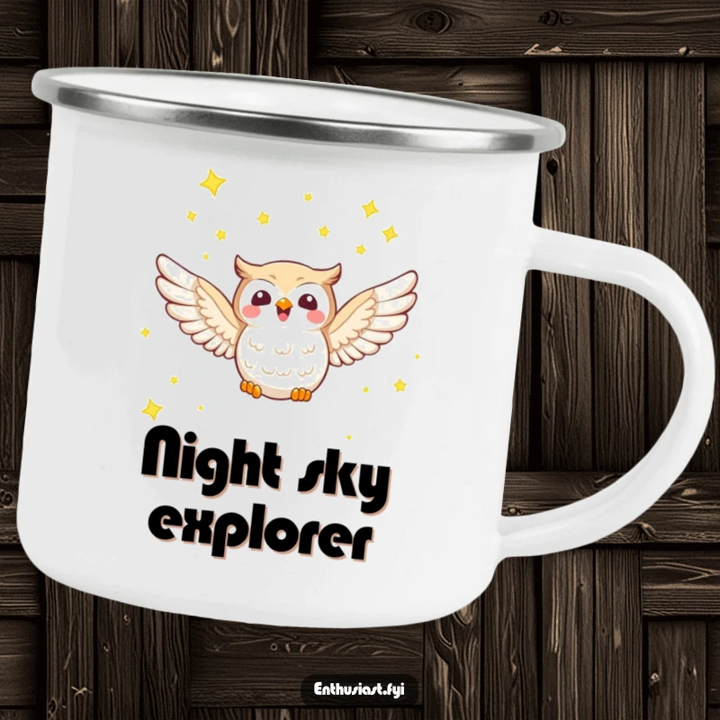 Funny camping mug with a joyful owl character soaring through a starry sky, ideal for outdoor night adventures.