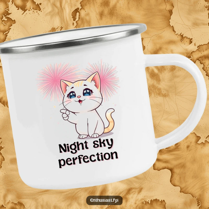 Funny cat camping mug with a playful cat's sparkling eyes gazing at a bursting fireworks display, ideal for outdoor enthusiasts.