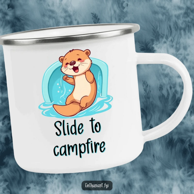 Funny Otter Camping Mug: An enthusiastic otter slides down a water slide, perfect for enjoying drinks on aquatic adventures, a great funny gift.