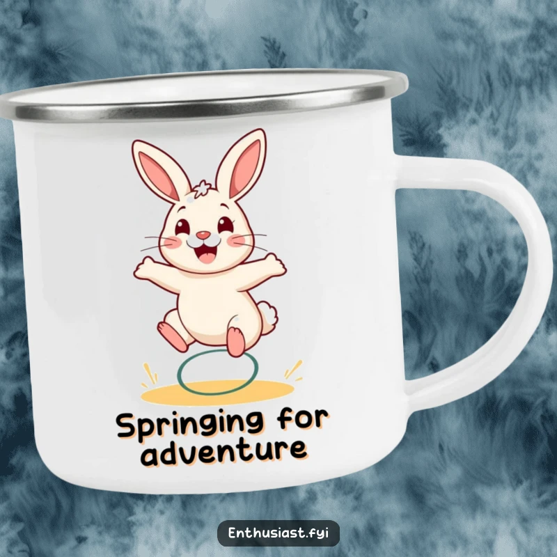 Funny rabbit camping mug showing a happy bunny bouncing on a spring, ready for adventure.