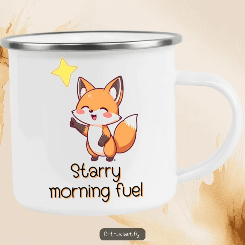 Funny Fox Camping Mug: An enthusiastic fox gestures towards a star, perfect for enjoying beverages on celestial adventures, a great funny gift.