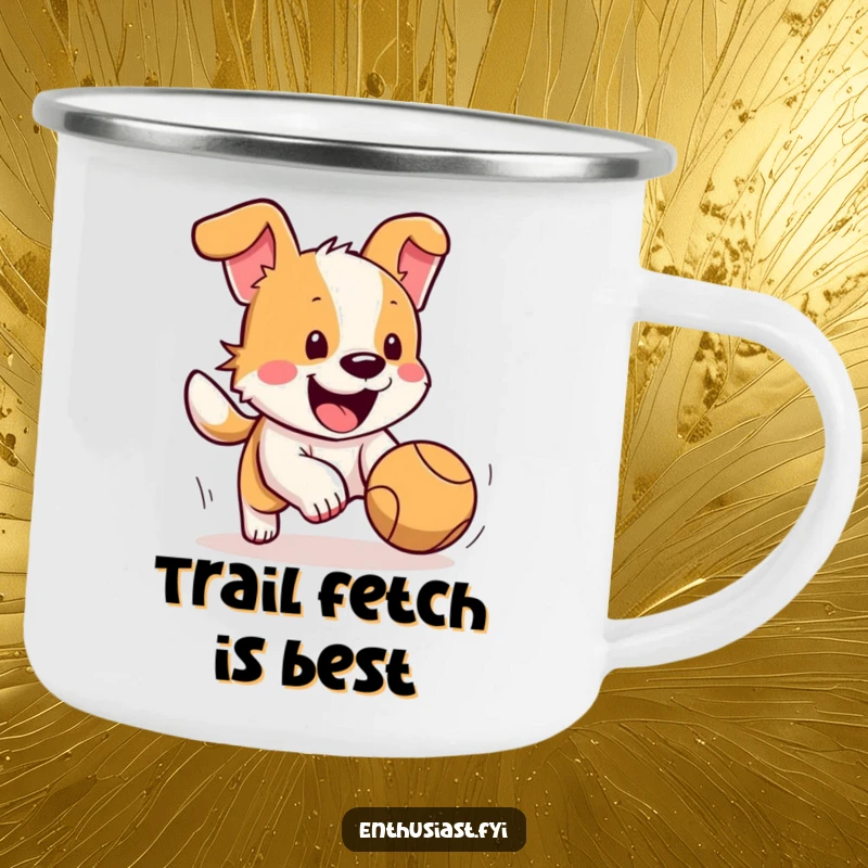 Funny dog camping mug showing a happy dog with its tail wagging furiously, excitedly chasing a bouncing ball, for outdoor fun.