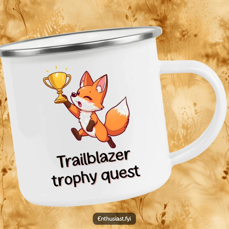 Funny camping mug with an energetic fox character leaping towards a golden trophy, ready for any outdoor challenge.