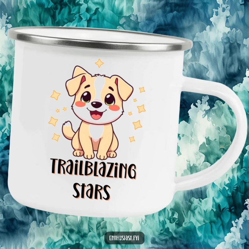 Funny camping mug with a happy dog wagging its tail amongst stars, capturing the spirit of outdoor joy.