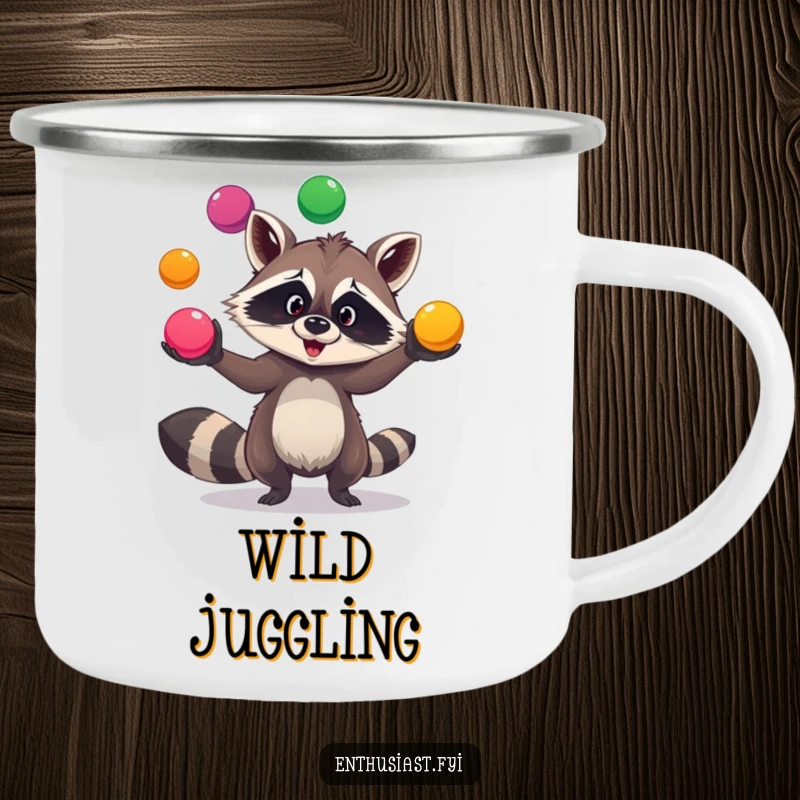 Funny raccoon juggling camping mug shows a goofy raccoon tossing colorful balls, perfect for enjoying drinks in the great outdoors.