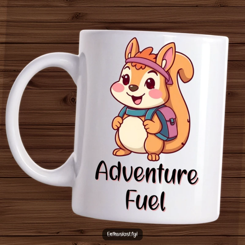 Funny mug featuring a cheerful squirrel character with a backpack, looking enthusiastic and ready for an exciting outdoor adventure.