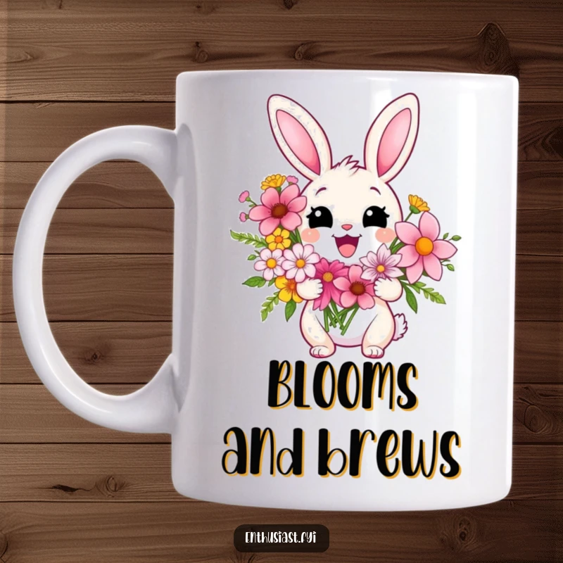 Funny mug with a delighted rabbit holding a vibrant bouquet of flowers, looking extremely pleased and radiating happiness and cheerfulness.
