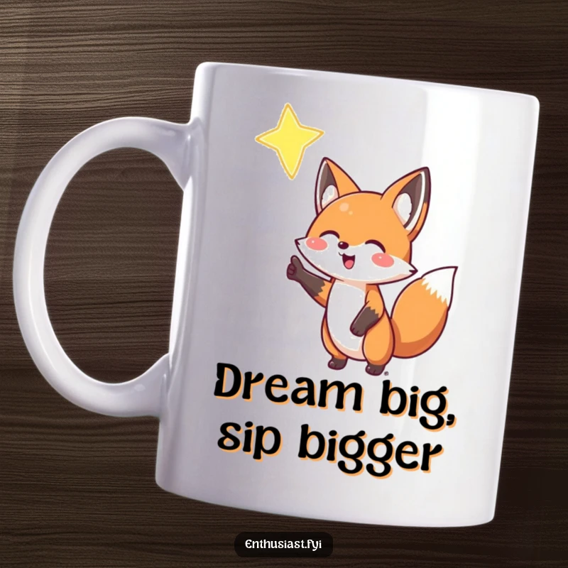 Funny Fox Mug: A happy fox enthusiastically points to a shining star, embodying pure joy and aspiration, a perfect funny gift.