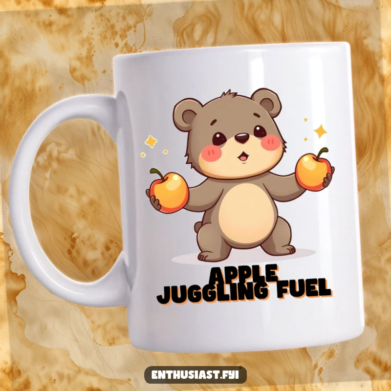 Funny bear cub mug, determinedly juggling three shiny apples with enthusiasm. A hilarious gift for fruit lovers, perfect for performers.