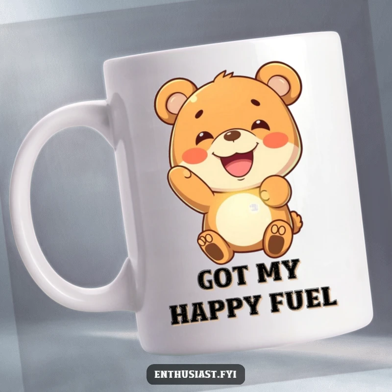 Funny bear mug with a wide, joyful grin holding up a brightly glowing, imaginary object, exuding happiness and wonder.