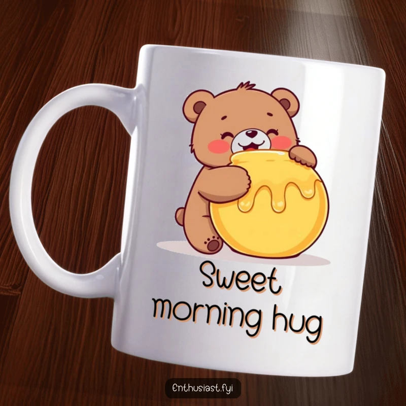 Funny Bear Mug: A cheerful bear happily hugs a large pot of honey, embodying sweetness and delight, a wonderful funny gift.