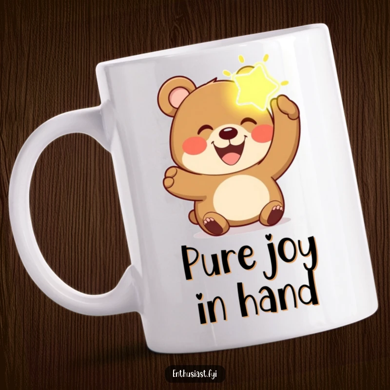 Funny bear mug with a wide grin, joyfully holding a glowing, imaginary object, symbolizing pure happiness.