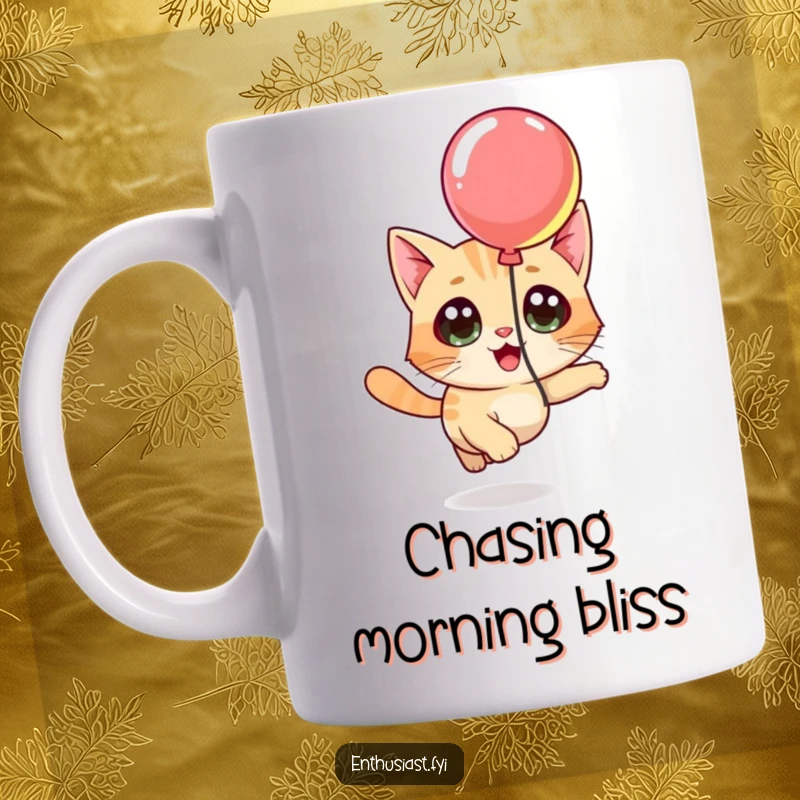 Funny mug showing a curious cat with wide, gleeful eyes eagerly pursuing a brightly colored, floating balloon.
