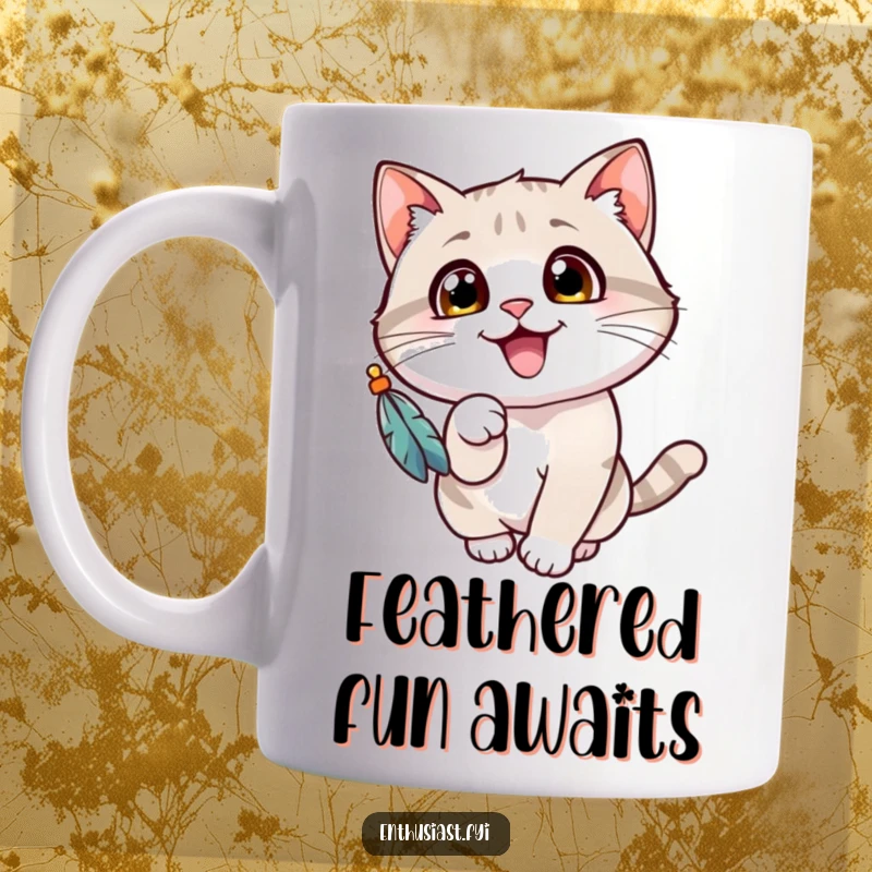 Funny cat mug showing a cheerful cat with wide eyes, gleefully batting at a dangling feathered toy, pure kittenish delight.