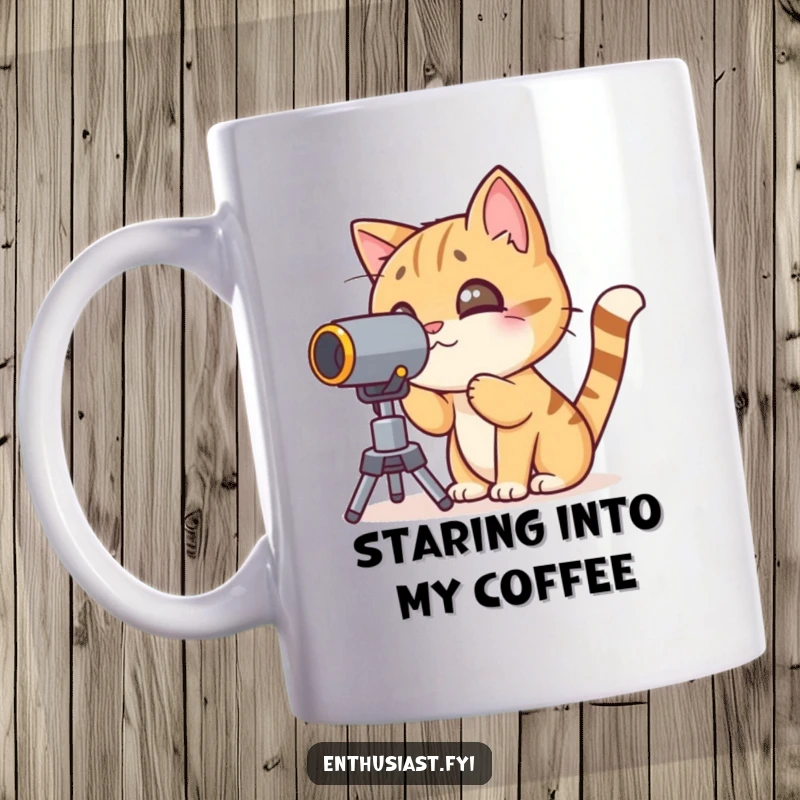 Funny cat mug featuring a curious character peering through a telescope, exploring the cosmos with wonder.