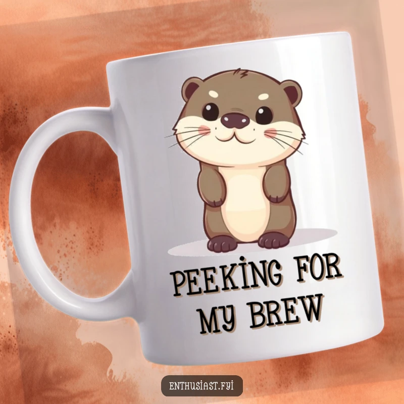Funny curious otter mug, peeking playfully from behind a large object with wide, inquisitive eyes. Gift idea.