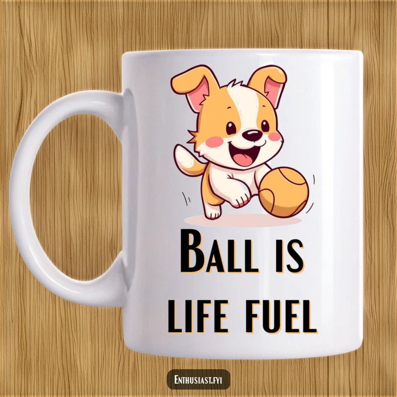 Funny dog mug showing a happy dog with its tail wagging furiously, excitedly chasing a bright bouncing ball, pure canine delight.