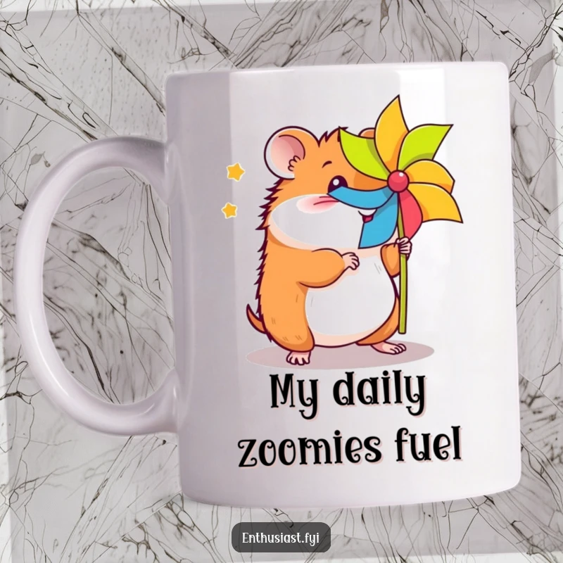 Funny hamster mug shows an energetic hamster joyfully spinning a colorful pinwheel, radiating pure happiness and boundless energy.
