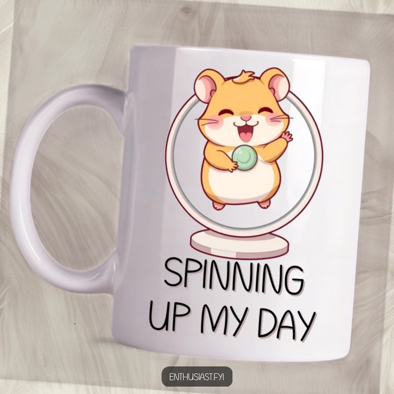 Funny mug featuring a giggling hamster excitedly running on a spinning wheel, radiating pure, energetic joy.