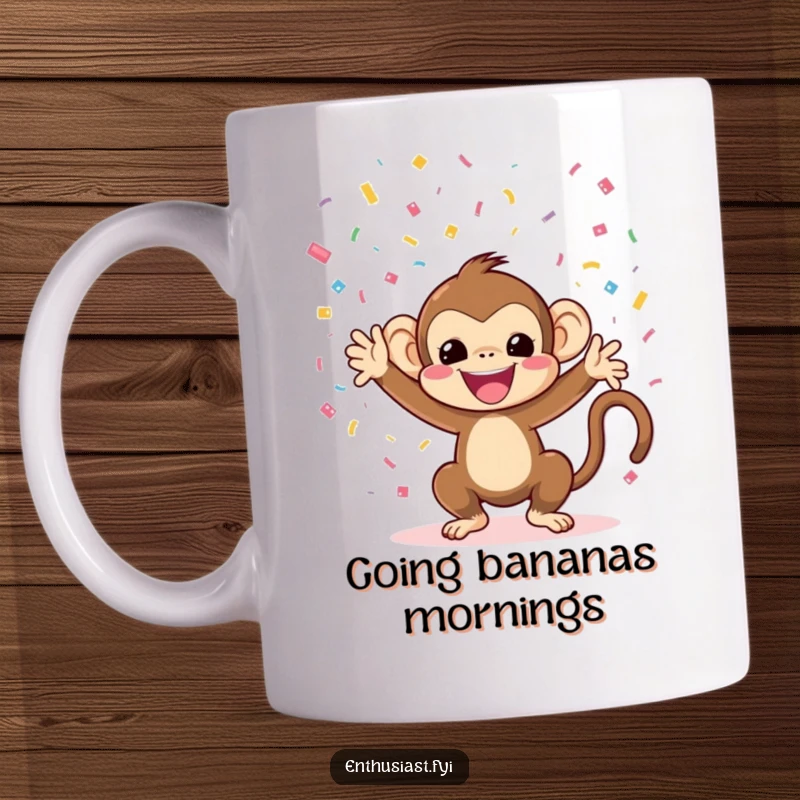 Funny monkey mug featuring a cheerful character enthusiastically throwing confetti, bringing party vibes.