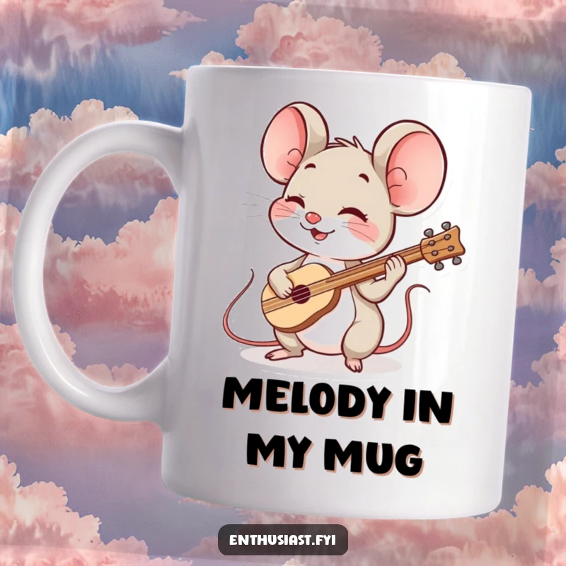 Funny mouse musician mug features a spirited mouse joyfully playing a tiny, cheerful instrument with a happy expression.