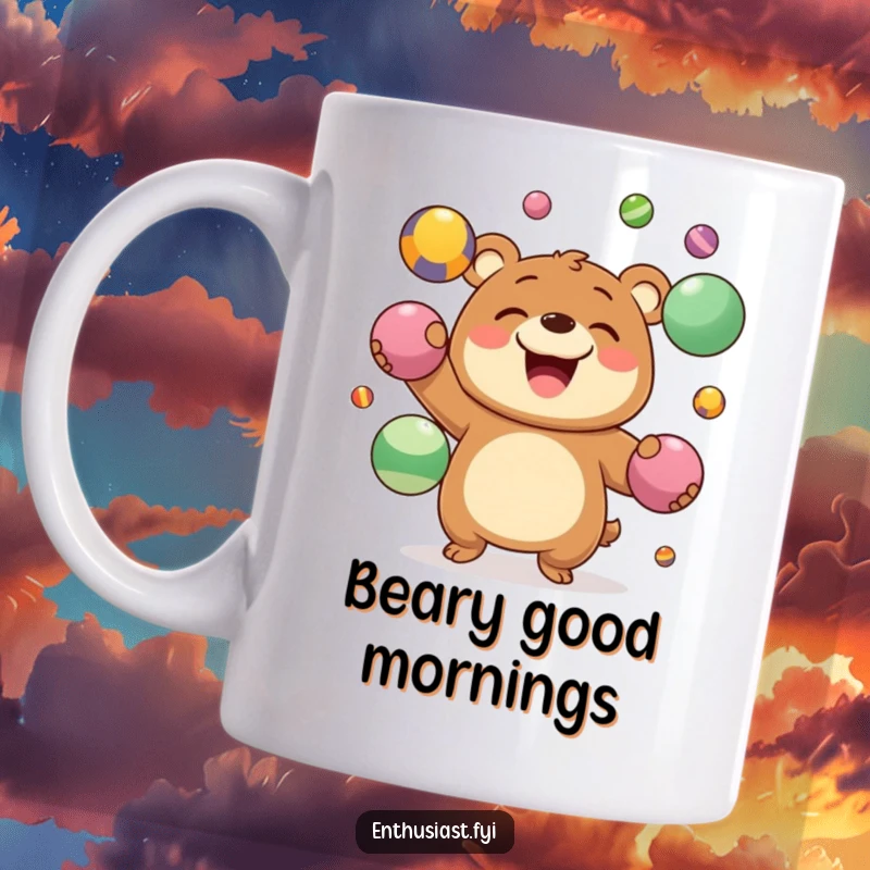Funny Mug featuring a joyous bear character grinning widely while skillfully juggling several colorful balls, a happy multitasker.