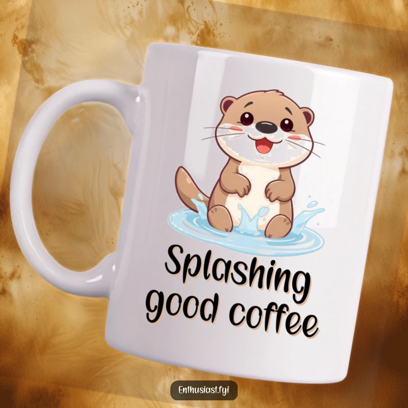 Funny mug with a happy otter character gleefully splashing in a small, sparkling puddle, radiating pure, simple joy. Great gift.