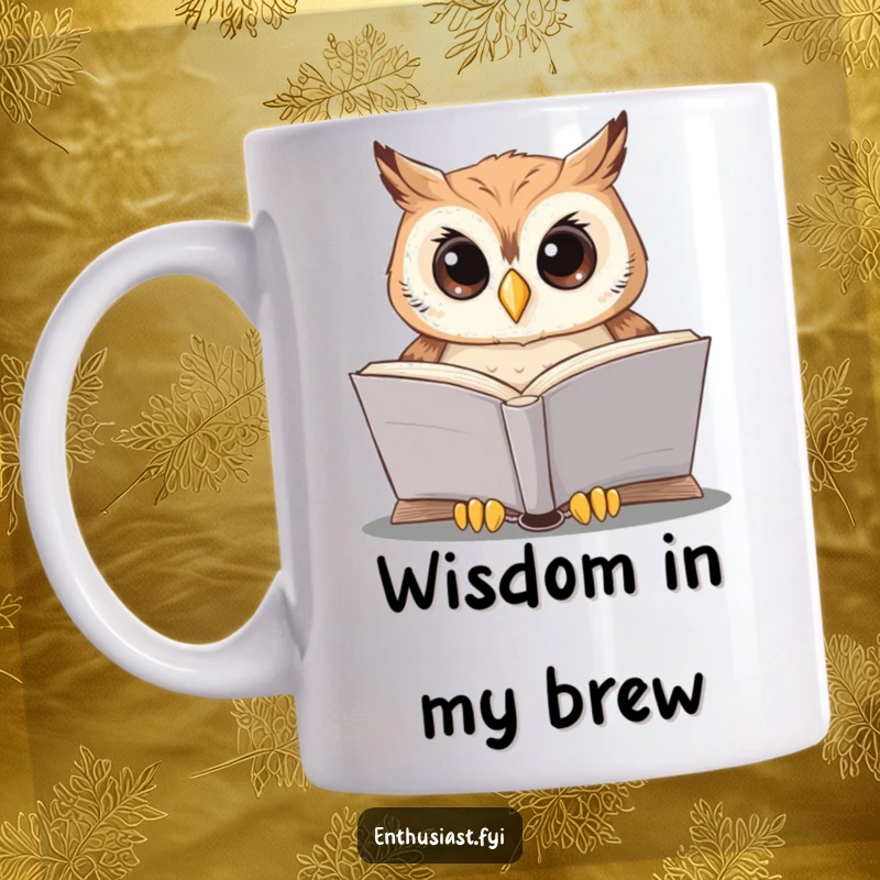 Funny owl reading mug features a wise owl engrossed in a large open book, symbolizing knowledge and quiet contemplation.