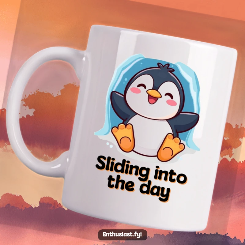 Funny mug showing a cheerful penguin character with a wide grin joyfully sliding down a vibrant, rainbow-colored ice chute.