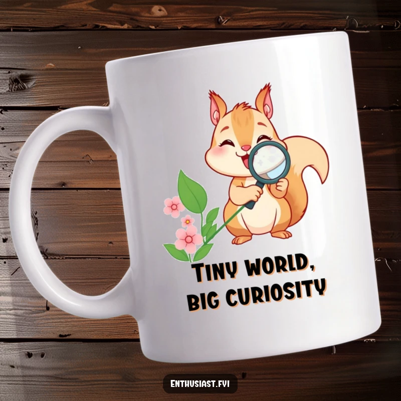 Funny squirrel mug with a magnifying glass exploring a flower, capturing curiosity and joy in a humorous design.