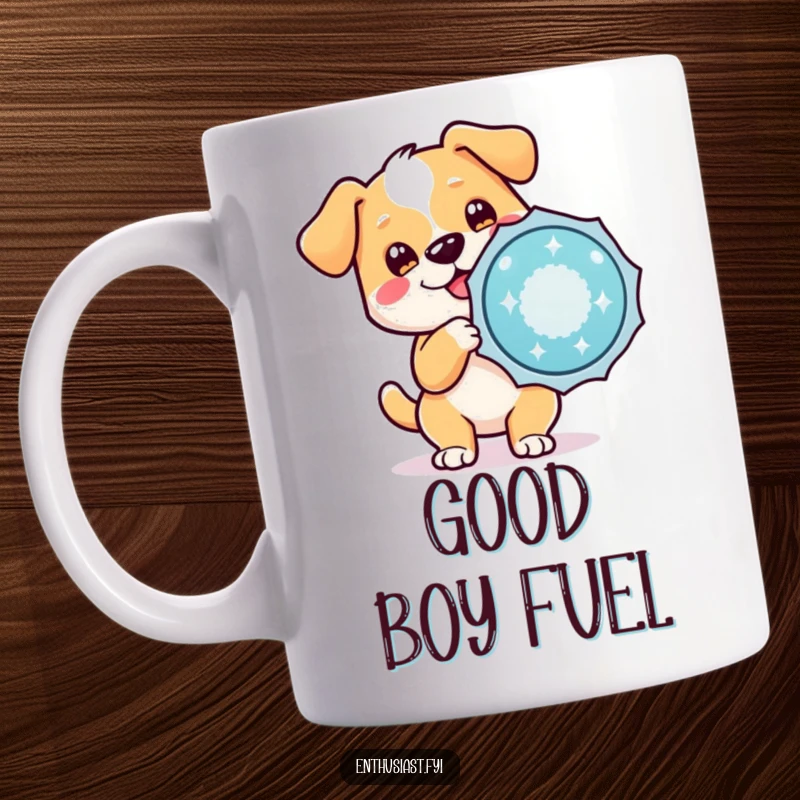 Funny mug with a cute, wagging dog character proudly holding a huge, sparkling badge, radiating enthusiasm and achievement.