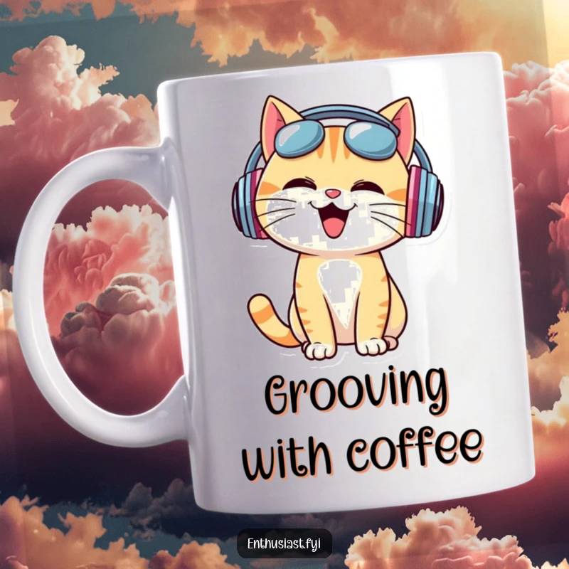 Funny Mug: A cheerful cat wearing oversized headphones enthusiastically bobs its head to music.