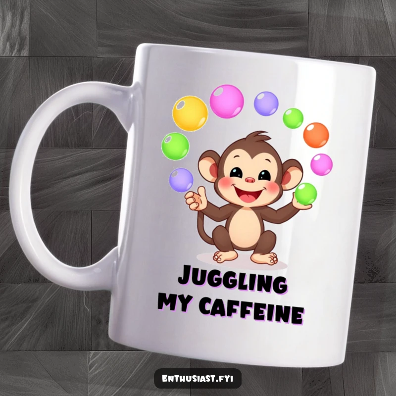 Funny mug featuring a smiling monkey character happily juggling colorful, glowing orbs, representing playful energy and vibrant fun.